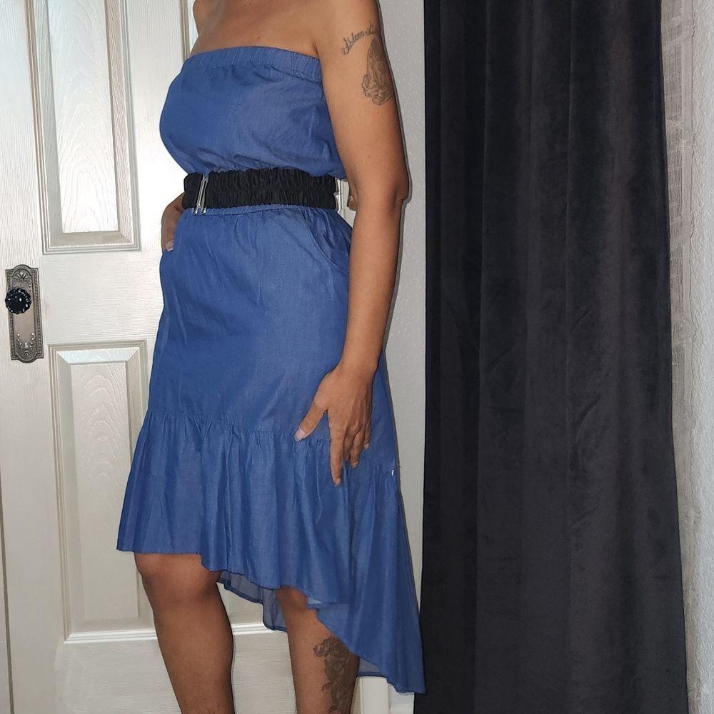 NWT Route 66 High Low Tiered Denim Strapless Dress Size M